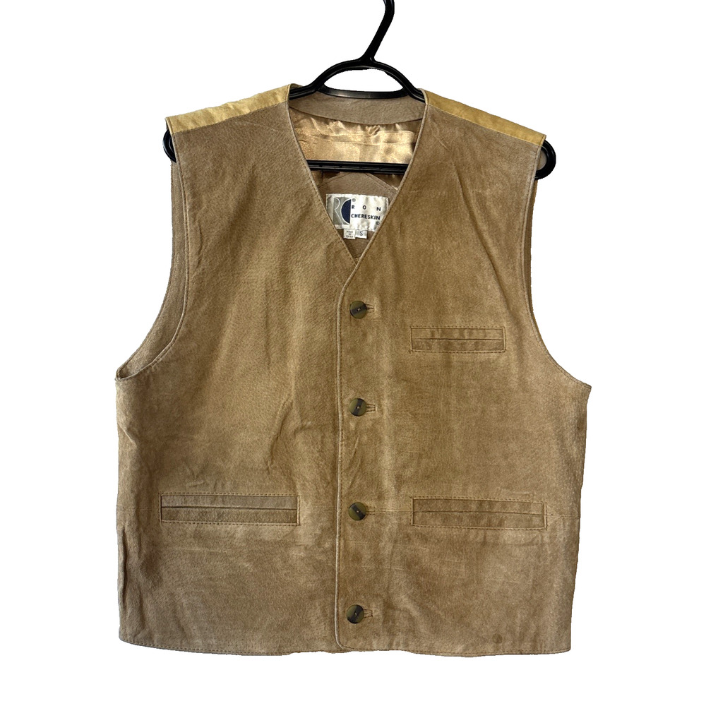 Vintage Ron Chereskin Suede Leather 4 button Lined Vest Size Small Tan Western